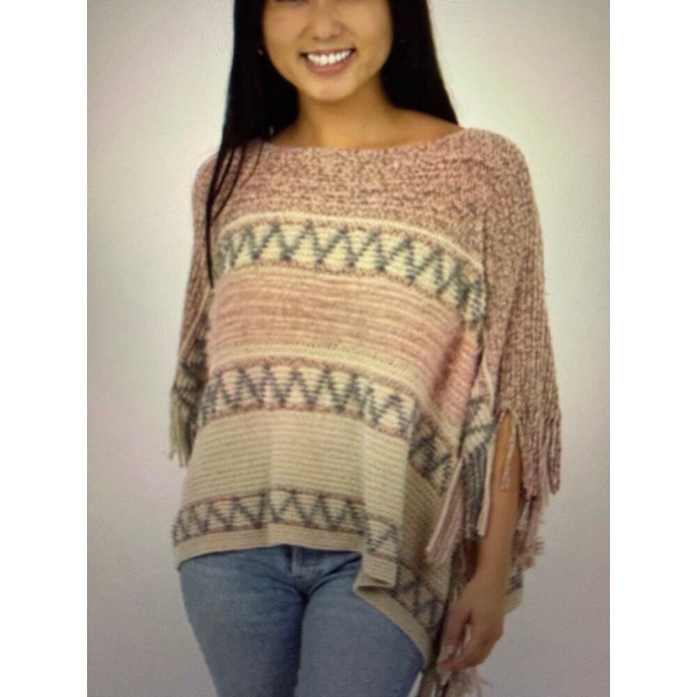 ANGIE Side Fringe Pull-on Sweater Poncho w/Arm Holes One Size
